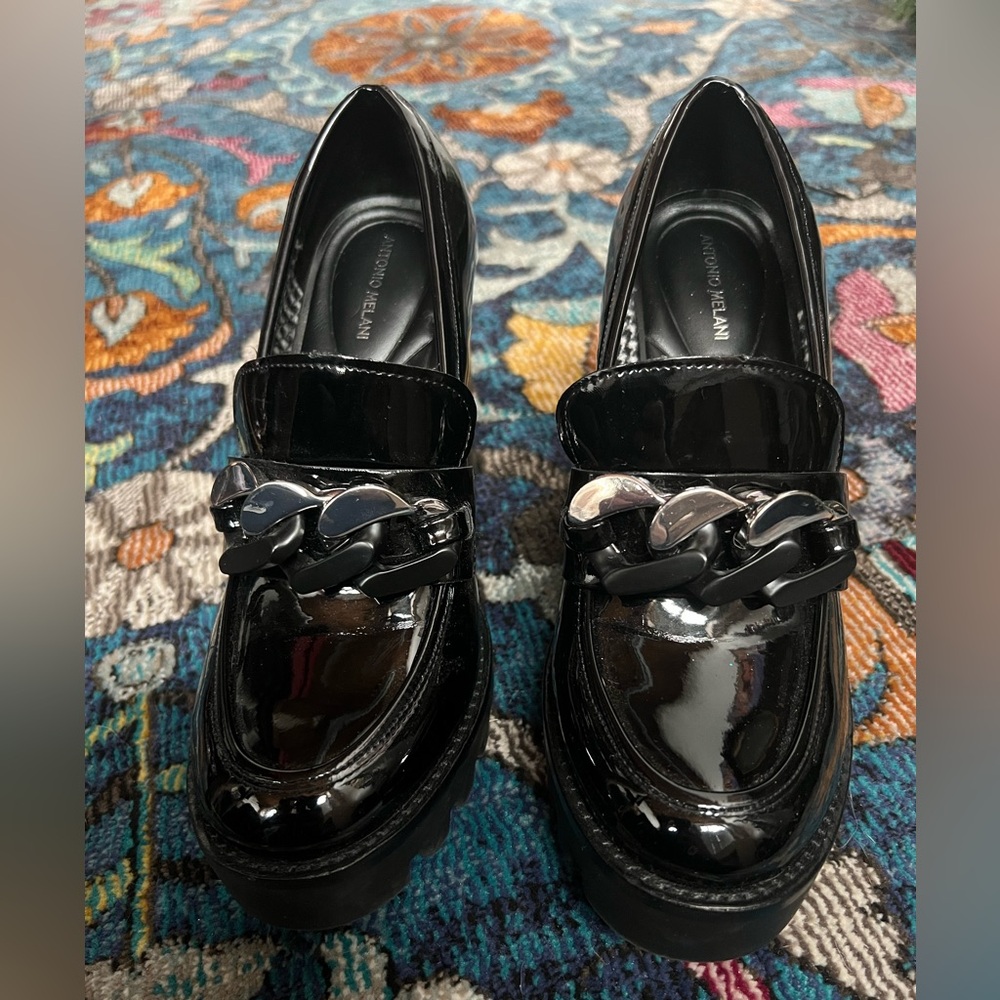 ANTONIO MELANI Black Patent High Heel Loafers / Oxfords